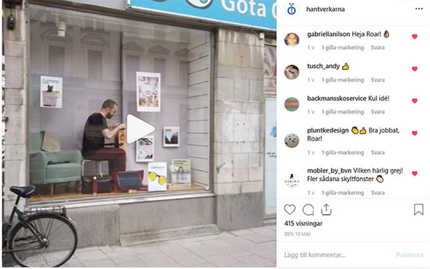 Se hantverkare arbeta i skyltfönstret